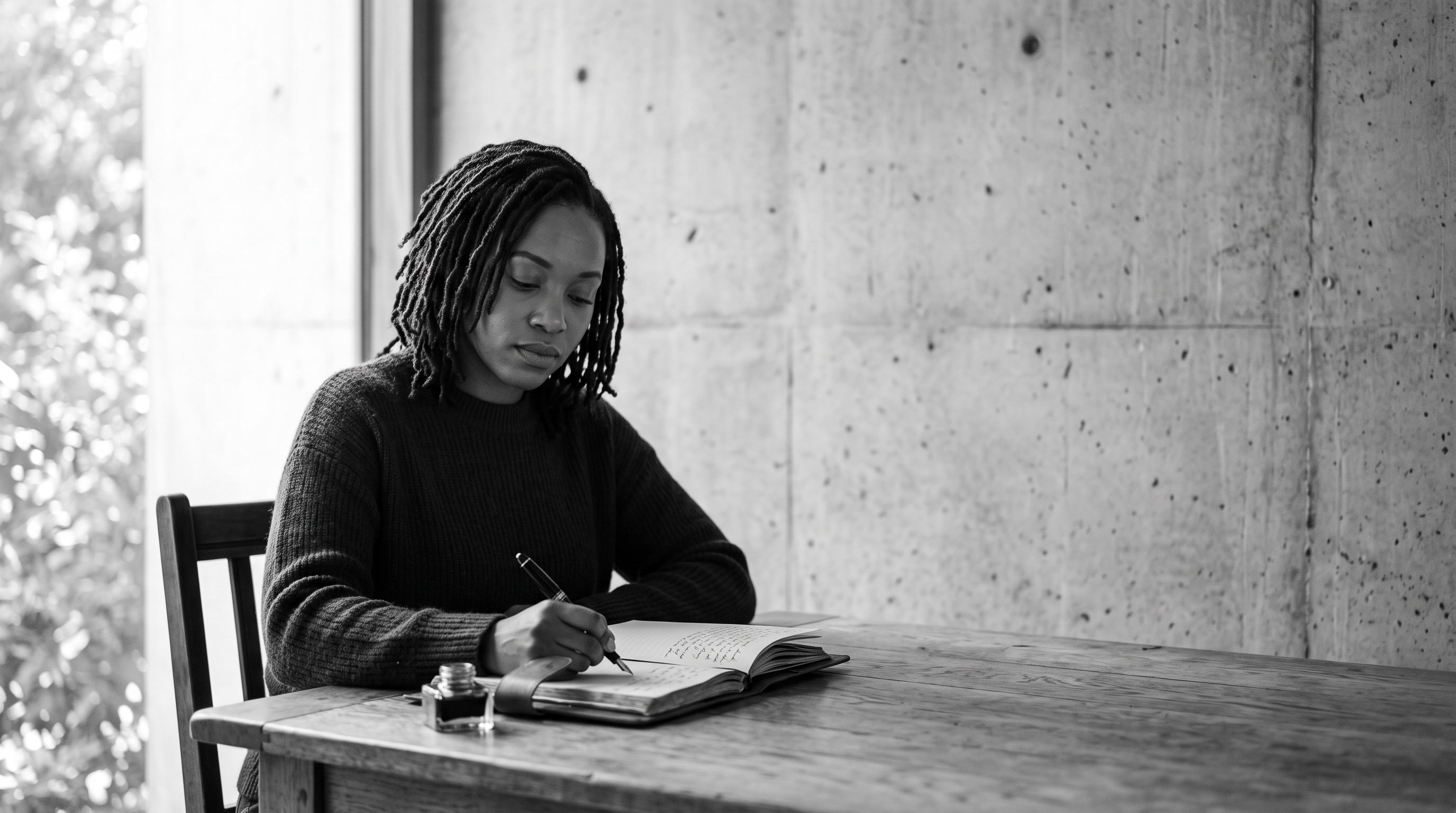 A woman writing in a leather journal with a fountain pen at a wooden table